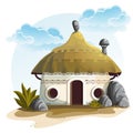 Illustration House with cactus and rocks under cloudy sky Royalty Free Stock Photo