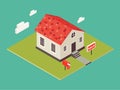 Illustration of house in 3d isometric style. Private house real estate icon for sale. American small cottage.