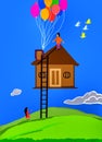 Illustration Of A House Flying In The Sky, Support Bundle Of Balloons. Royalty Free Stock Photo