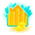 Illustration with house. Gold coins investing money in real estate. Golden coins Royalty Free Stock Photo