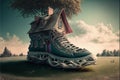 Illustration of a house made from a shoe situated in a meadow