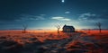 Illustration of a house standing alone in the middle of a field with the vast sky. It can convey many emotions and feelings such Royalty Free Stock Photo