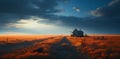 Illustration of a house standing alone in the middle of a field with the vast sky. It can convey many emotions and feelings such Royalty Free Stock Photo