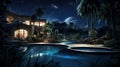 Illustration of a house with swimming pool and palm trees at night Royalty Free Stock Photo