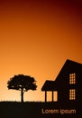 Illustration of a house with a tree at sunset