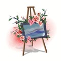 Illustration household items art easel with hand draw picture decorated with flowers. Cute little romantic pictures with