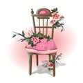 Illustration household items beautiful fishnet chair decorated with flowers. Cute little romantic pictures with flowers