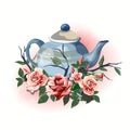 Illustration household items gift teapot decorated with flowers. Cute little romantic pictures with flowers. Beautiful