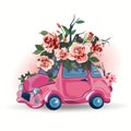 Illustration household items little ping gift car with hand draw picture decorated with flowers. Cute little romantic