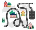 illustration of a house, a set of houses,city map, road for cars,print for kids