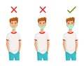Illustration how to wear face mask correctly. Wrong method of wearing a mask. Tip how prevent the any viral infection