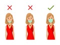 Illustration how to wear face mask correctly. Wrong method of wearing a mask. Tip how prevent the any viral infection