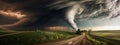 illustration of a huge tornado over rural landscape