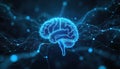 Illustration of human brain in digital style. The illustration visualizes the brain neural network. It has blue light dots and Royalty Free Stock Photo