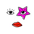 Illustration of human eyes. Vector. The look is directed to the viewer. An image of a pop star. Red star as a make-up on the face