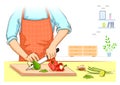 Human hand chopping and cutting fresh vegetable for home cooking