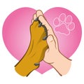 Illustration human hand holding a paw, heart, Caucasian descent.