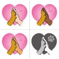 Illustration human hand holding a paw, heart, ethnicities Royalty Free Stock Photo