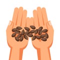 Illustration of human hands holding handful seeds