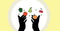 Illustration of human hands juggling fruits and vegetables in circle over yellow background