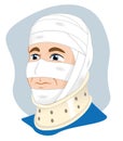 Illustration of a human head with bandages using cervical collar to immobilize the neck caucasian