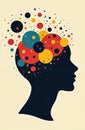 Illustration of human head silhouette filled with colorful circles, squares. Abstract design shows mind activity ideas Royalty Free Stock Photo