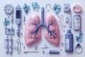 An illustration of human lungs surrounded by common healthcare medical tools and elements Royalty Free Stock Photo