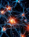 Illustration of a human nerve cell on a dark blue background with light effects. Generative AI