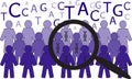 Illustration of human population carrying DNA under magnifying glass - population genetics and genetic studies