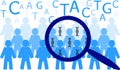 Illustration of human population carrying DNA under magnifying glass - population genetics and genetic studies Royalty Free Stock Photo