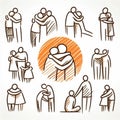 Illustration of human silhouettes hugging each other in a warm and welcoming way.