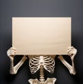 Halloween Human Skeleton Holding Blank Sign Dark Background Royalty Free Stock Photo