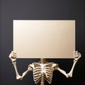 Halloween Human Skeleton Holding Blank Sign Dark Background Royalty Free Stock Photo