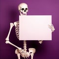 Halloween Human Skeleton Holding Blank Sign Purple Background Royalty Free Stock Photo