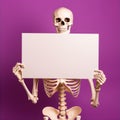 Halloween Human Skeleton Holding Blank Sign Purple Background Royalty Free Stock Photo