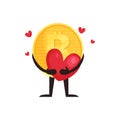 Illustration of humanized bitcoin holding red heart. Cartoon golden coin character with hands and legs. Concept of