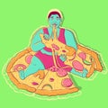 Illustration of a hungry and obese man sitting on top of a pizza with pepperoni, mushroom and cheese.