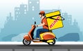 Illustration of a hurrying delivery man on a scooter with a big bag behind his back against the background of the city