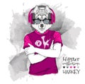 Illustration of Husky hipster dressed up in t-shirt, pants and in the glasses and headphones. Vector illustration.