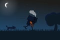 Illustration of a hut running from a dog on chicken legs in a field lit by moonlight. Illustration of the silhouettes.