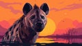 Minimalist African Hyena Portrait On Sunset Water Background