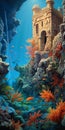 Underwater Cartoon Painting Of Ocean With Corals And Castle