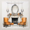 Halloween-inspired Interior Design Sketch: Recliner And Mantle With Whitewall And Mirror