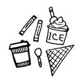 illustration of ice cream, coffee, spoon, sugar and napkin