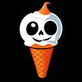 Illustration of ice cream cone with skull face on black background. AI Generated