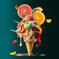 Illustration of an ice cream cone with splashing ice cream and pieces of orange, apple and blackberry, made with generative ai