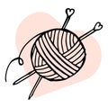 Illustration, icon, hand-drawn ball of yarn with knitting needles on a pink spot in the shape of a heart. Royalty Free Stock Photo