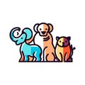 A group of animals elephant, dog and cat with different colors illustration, icon and logo
