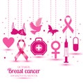 Illustration with icons of breast cancer for october awareness month.