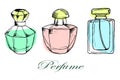 illustration, icons, drawn colorful perfume bottles, beauty industry